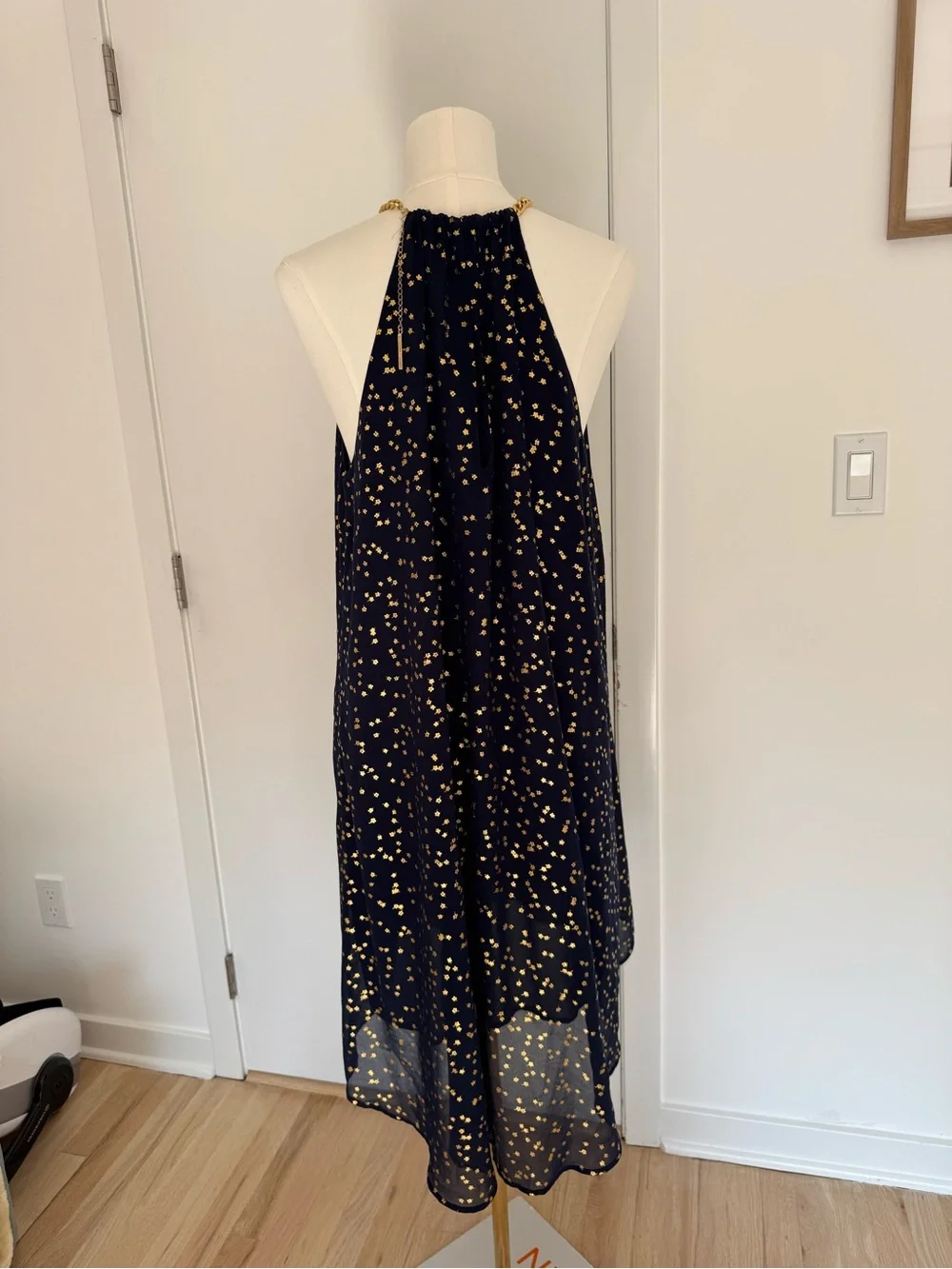 Michael Kors Navy Halter Midi Dress with Gold Dot Print